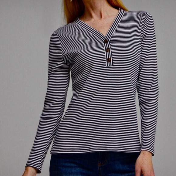 Chico's Navy and White Striped V-Neck Henley Top - Picture 5 of 7